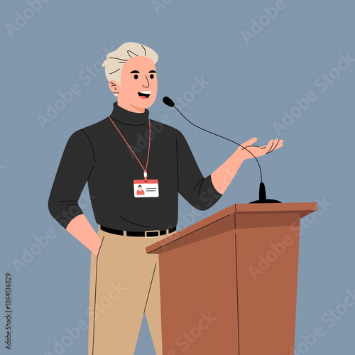 A confident speaker stands at a podium with a microphone, engaging an audience. He wears a name tag and gestures while delivering a talk on an important topic related to his field.