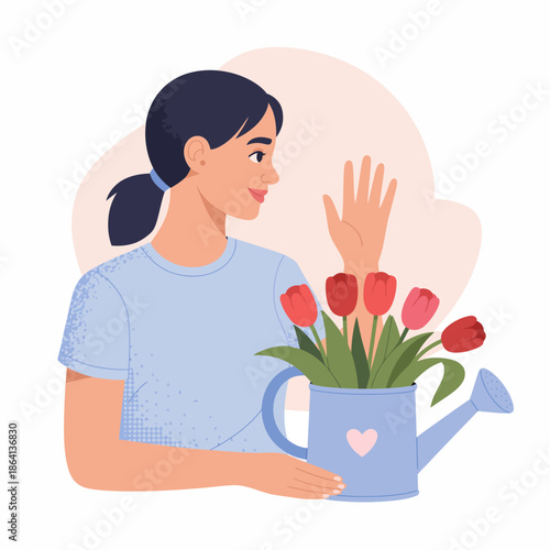 An appealing illustration showcasing a woman watering blooming tulips, representing the love of gardening and nurturing nature's beauty in a serene and positive manner.