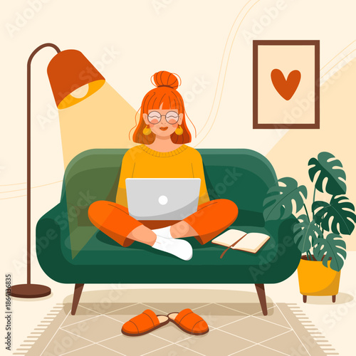 A cozy illustration of a young woman sitting on a green couch, working on her laptop, embodying creativity and comfort, suitable for remote working and relaxation themes.