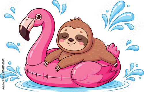 Cute sloth relaxing on flamingo float summer pool party cartoon animal vector illustration