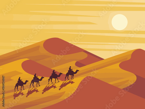 A tranquil scene shows a caravan of camels traveling across a vast desert, set against a warm sunset that captures the beauty and serenity of the landscape.