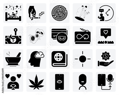 Dangers In Modern Society – Illustrations Of Substance Addiction, Media Influence, And Financial Scams For Awareness Projects