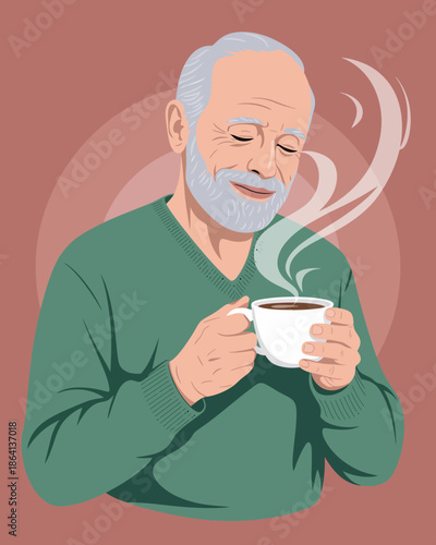 This illustration features a joyful elderly man savoring a steaming cup of coffee, embodying warmth and contentment in a peaceful setting with a soft background.