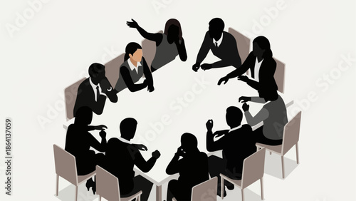 Diverse group of business people in a meeting around a circular table.