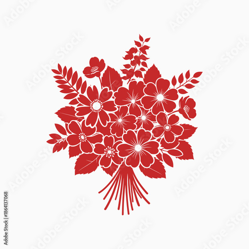 Red floral bouquet silhouette vector illustration. Elegant graphic design element with stylized flowers and leaves, perfect for decorative use.