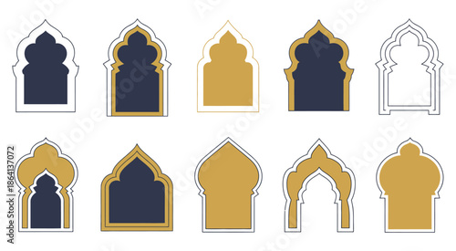 Islamic and Moroccan Arch Designs, traditional arch shapes featuring intricate motifs for architectural concepts, cultural graphics, decorative backgrounds, Islamic art projects, vector illustration.