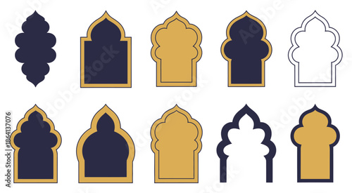 Islamic and Moroccan Arch Designs, traditional arch shapes featuring intricate motifs for architectural concepts, cultural graphics, decorative backgrounds, Islamic art projects, vector illustration.