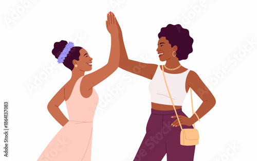 Two confident women sharing a high-five exude empowerment and camaraderie, showcasing the strength of female friendship and support in a vibrant, uplifting scene.