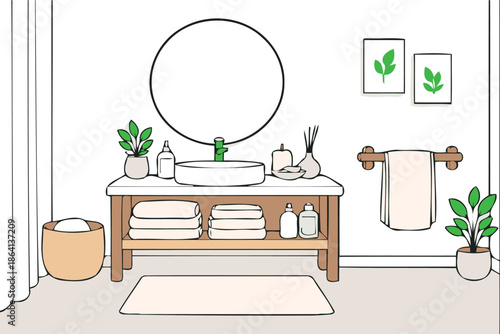 bathroom vanity with sink,round mirror,towels,and plants