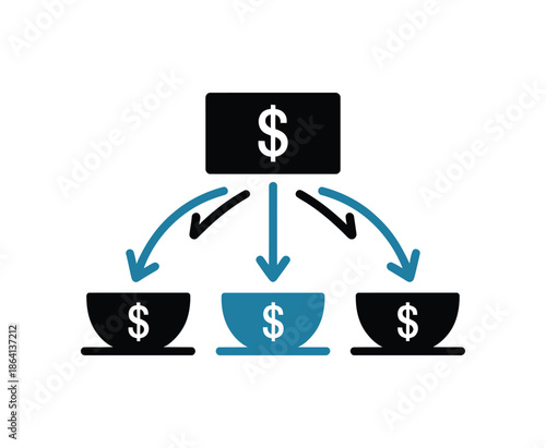 Money Distribution Flowchart Icon – Central Fund to Three Recipients, Finance Allocation and Budget Sharing Vector

