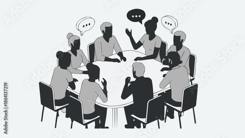 Diverse group of people in a meeting discussing ideas around a round table.
