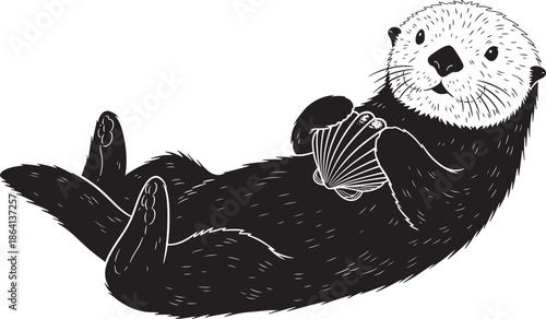 Cute sea otter floating on back holding seashell isolated