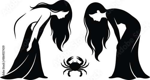 Artistic Silhouette Illustration of Gemini Twin Women Looking Down at a Cancer Zodiac Sign Crab Symbol on White Background for Astrology Design