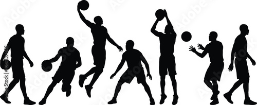 Basketball Player Silhouettes Set with Professional Athletes Dribbling Jumping Shooting and Dunking Vector Illustration Isolated on White Background for Sports