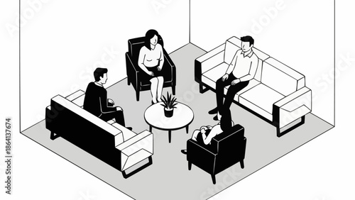 Diverse group of people in a therapy session discussing issues.