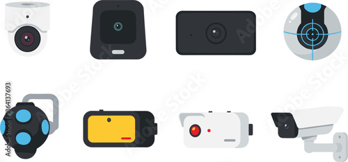 Security camera and surveillance device vector set featuring CCTV, monitoring systems, smart sensors, and home protection technology