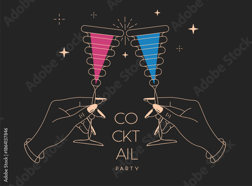 Line art hands with cocktails and firework. Cocktail party. Celebration toast with two cocktail glasses. Vector illustration