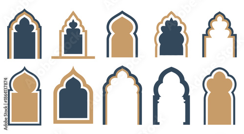 Islamic and Moroccan Arch Designs, detailed arch shapes with geometric and floral motifs for cultural illustration, architectural decoration, ornamental backgrounds, and traditional vector art.