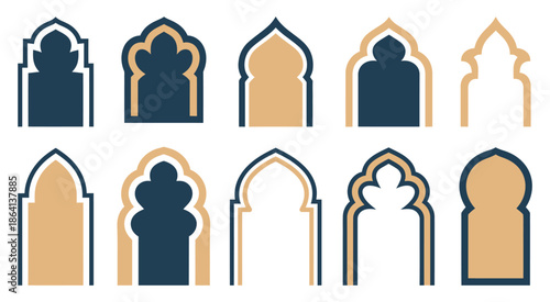 Islamic and Moroccan Arch Designs, detailed arch shapes with geometric and floral motifs for cultural illustration, architectural decoration, ornamental backgrounds, and traditional vector art.