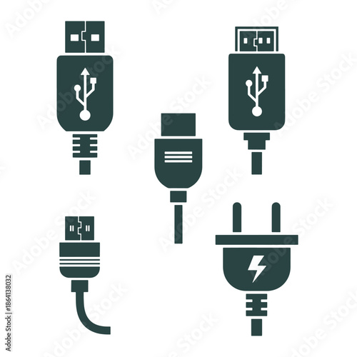 Flat of U S B cables and power plug in dark green color