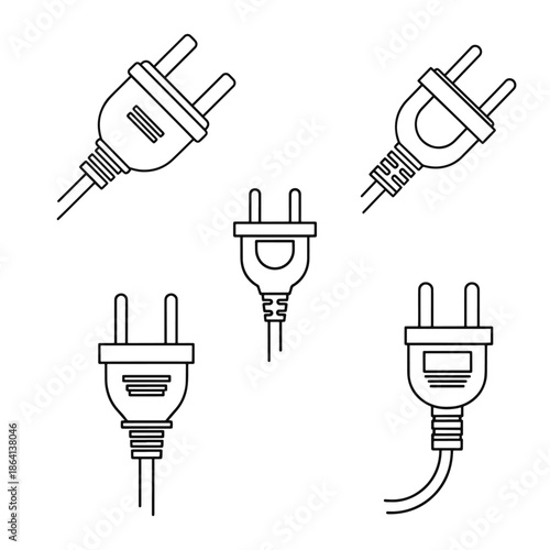 Five different types of black and white electric plugs and cables