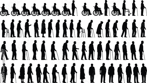 Elderly, people, silhouettes, walking, canes, wheelchairs, aging, seniors, healthcare, mobility, assistance, disability, support, lifestyle, society, population, illustration, concept, set