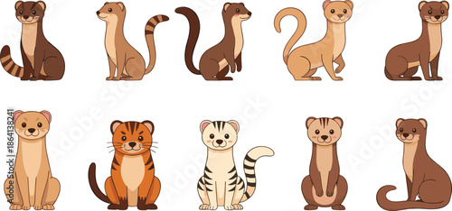 Cute small mammal characters set including otter ferret marten and weasel cartoon vector illustration
