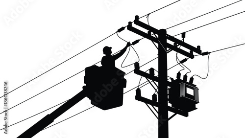 Electrical, lineman, working, power, lines, silhouette, utility, maintenance, repair, technician, industry, safety, infrastructure, service, electricity, workforce, illustration, concept, job