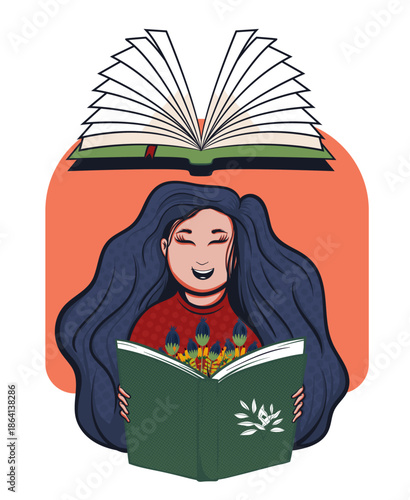 Girl Reading Magic Book with Flowers Growing Inside and Flying Book Imagination Concept.