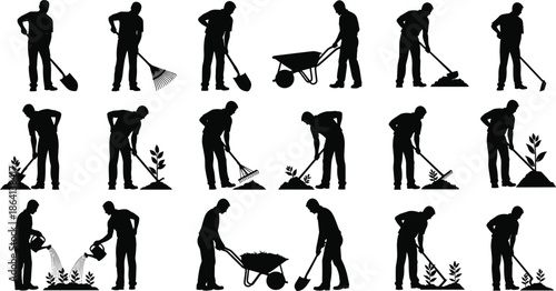 Gardening, workers, silhouettes, planting, pruning, watering, landscaping, maintenance, outdoor, garden, tools, labor, nature, yard, work, illustration, collection, activity, concept, design