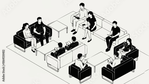 Group of people sitting in a modern lounge area discussing ideas.