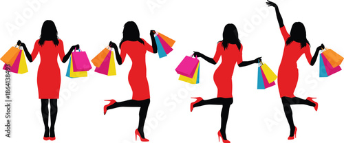 Silhouette, women, shopping, bags, jumping, happy, customers, sale, discount, fashion, retail, lifestyle, illustration, isolated, white, background, marketing, commerce, concept, design