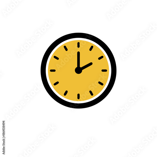 A simple and clean graphic of a clock face with black hands indicating the time on a yellow background, perfect for representing punctuality or schedules