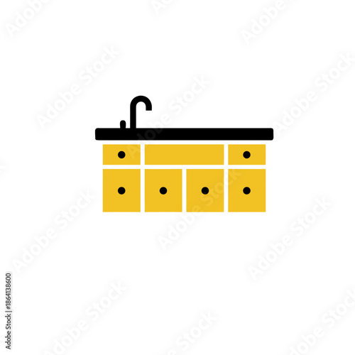 Minimalist vector illustration of a kitchen sink and cabinet unit, perfect for modern home interior design concepts, kitchen remodeling projects, and household utility applications