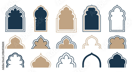Islamic and Moroccan Arch Designs, elegant arch shapes featuring detailed motifs for architectural concepts, cultural illustration, ornamental backgrounds, and classic Islamic vector art.