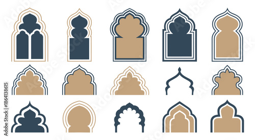 Islamic and Moroccan Arch Designs, elegant arch shapes featuring detailed motifs for architectural concepts, cultural illustration, ornamental backgrounds, and classic Islamic vector art.