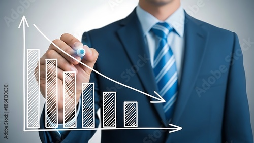 Businessman in a sharp blue suit drawing a downward trending bar chart and arrow indicating financial decline or poor economic performance.