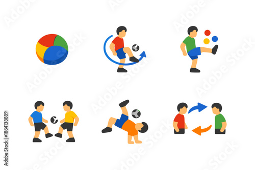 Flat style kids playing soccer with colorful ball and dynamic moves set