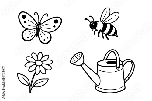 Simple black and white garden elements: butterfly, bee, flower, watering can