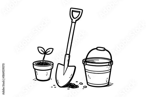 Gardening tools and seedling in black and white illustration