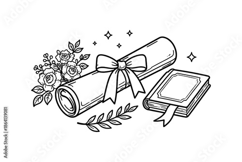 Celebration of graduation with diploma ribbon and floral elements in line art style