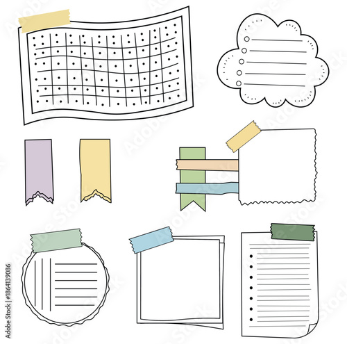 An aesthetic collection of hand-drawn planner stickers, note papers, and bookmarks