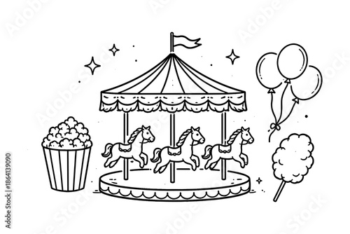 Whimsical carnival scene with carousel, balloons, and cotton candy in linear style