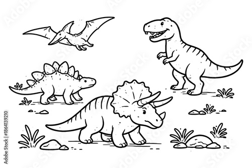 Cartoon dinosaurs: t-rex, triceratops, stegosaurus, and pterodactyl in a fun black and white style