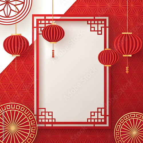 Traditional chinese new year background with red lanterns and paper cut frame