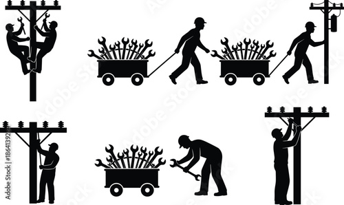 Utility, workers, silhouettes, cable, installation, maintenance, power, line, repair, service, industry, labor, safety, infrastructure, technician, workforce, illustration, concept, set