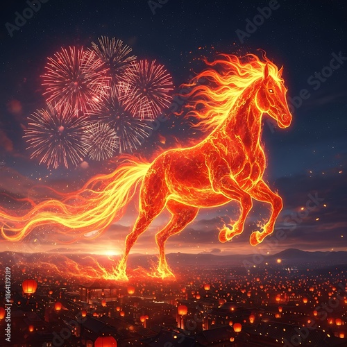 Epic Fire Horse Galloping Through Fireworks Sky During Lunar New Year
