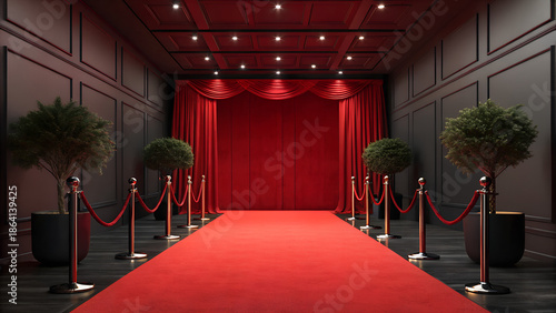 Luxury red carpet entrance in a dark modern hallway with theater curtains 