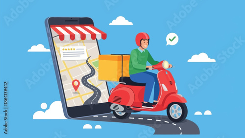 Delivery Rider On Scooter Emerging From Smartphone Map In A Modern Delivery App Scene