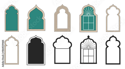 Islamic and Moroccan Arch Designs, diverse shapes with intricate patterns and rich color palettes for decorative, architectural, digital design projects, and cultural illustrations.